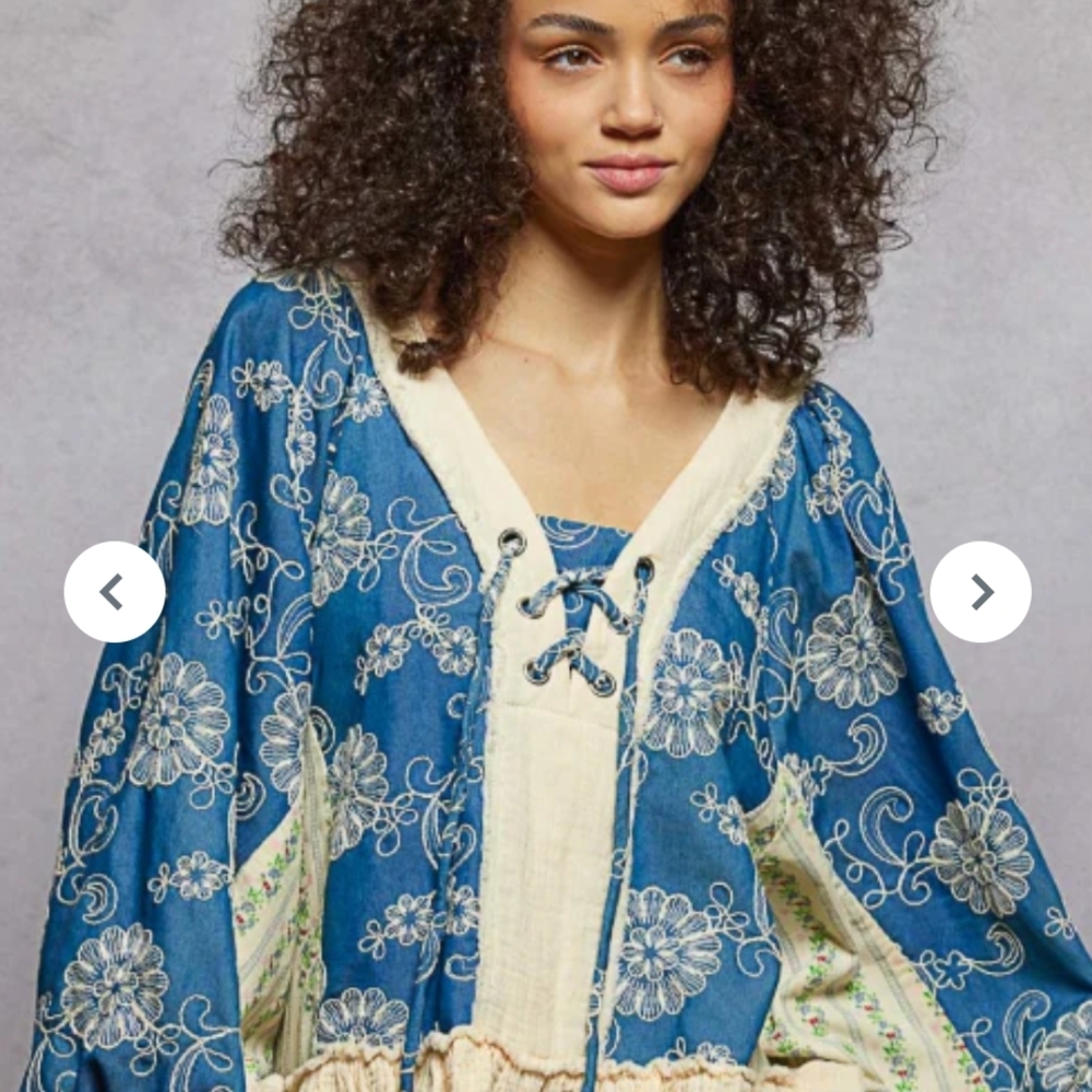 Floral Embroidered Blue and Cream Blouse POL